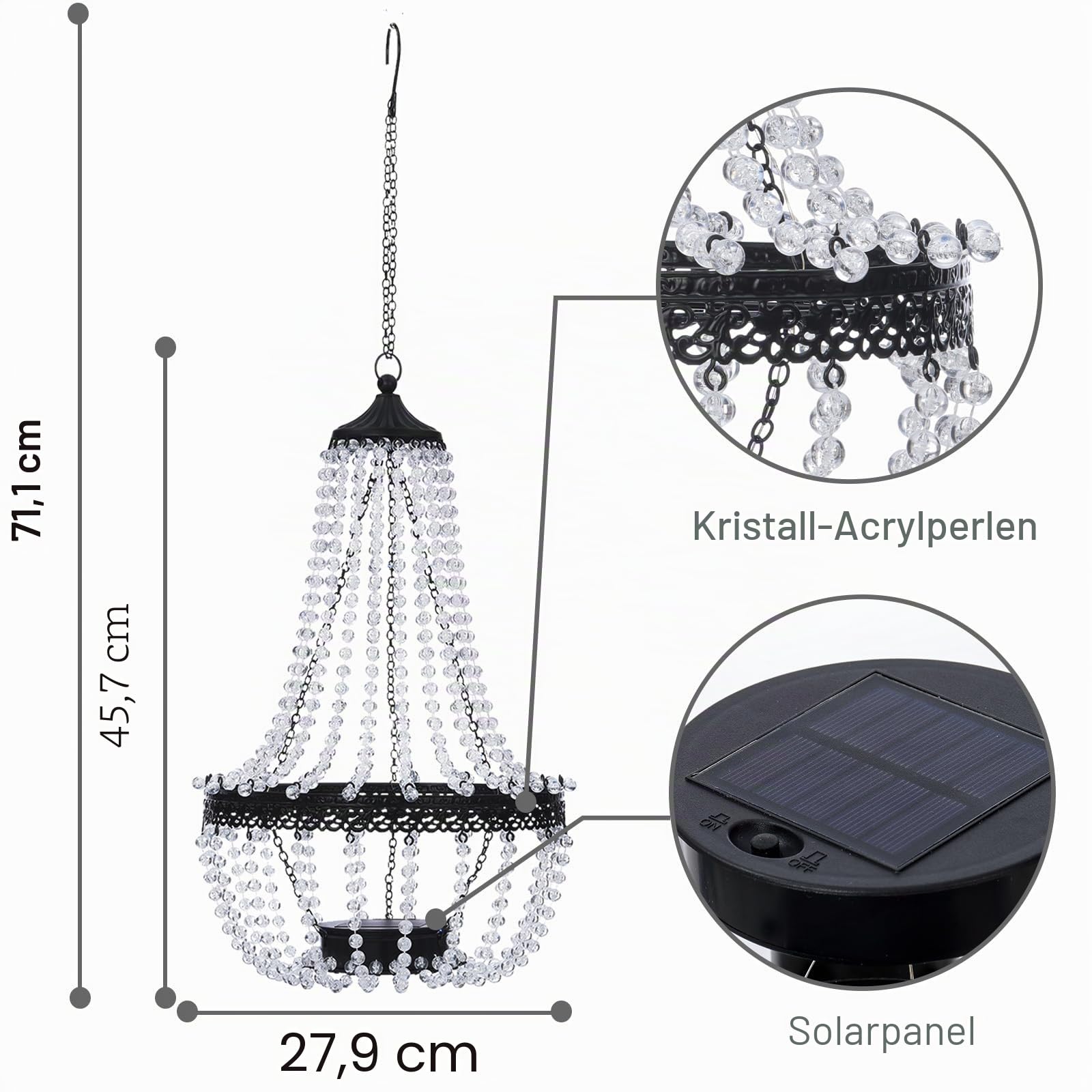 Hängender Solar-Kronleuchter für den Außenbereich, 30 warmweiße Lichter, Acrylperlen, Kronleuchter mit S-Haken, moderne Laterne für Garten, Hof, Terrasse, Pavillon, Dekorationen, 71,1 cm H