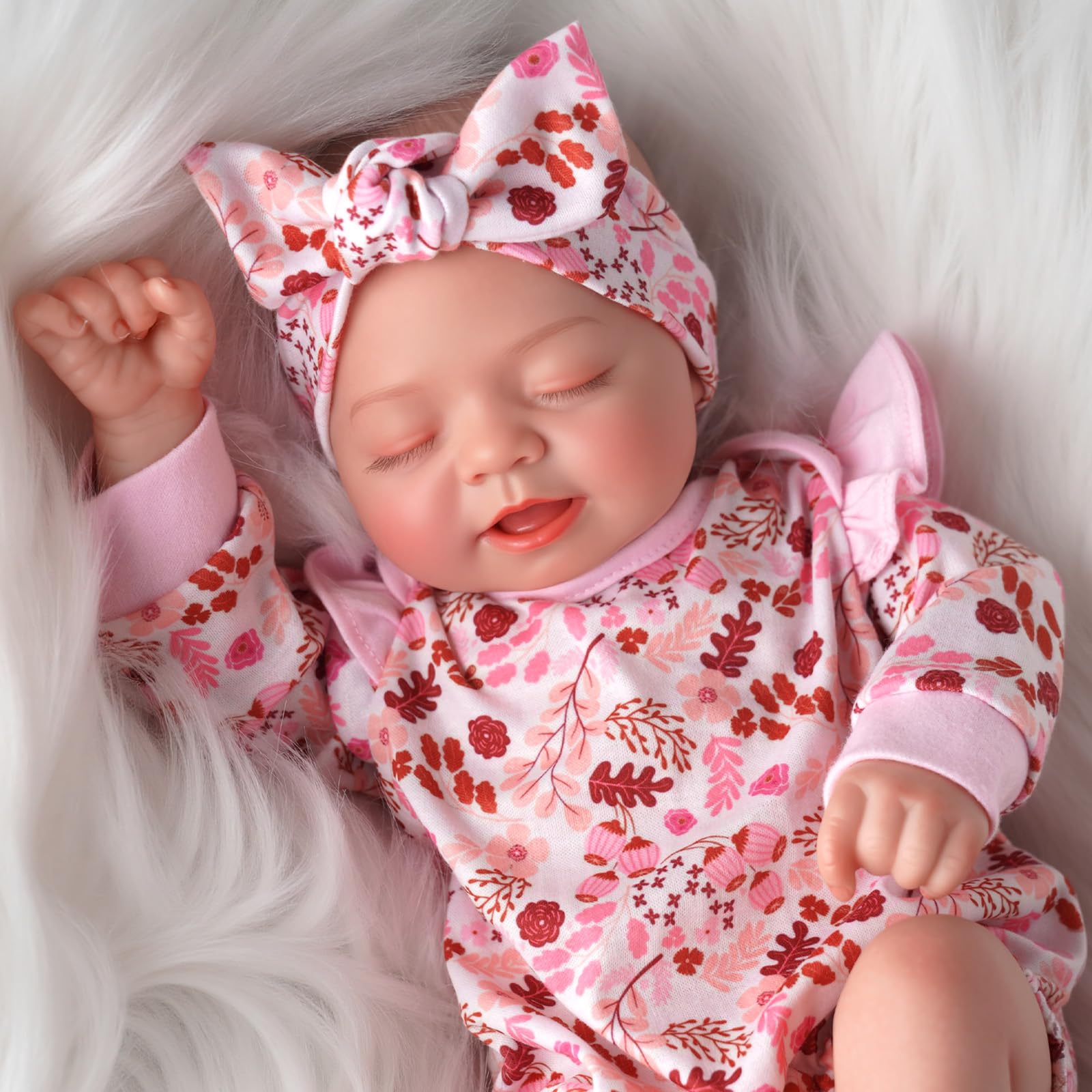 BABESIDE Lebensechte Reborn-Babypuppen 43 cm Realistische Schlafende Neugeborene-Puppe, Handgemachte echte Babypuppe mit rosa Blumenkleidung und Spielzeugaccessoires, Geschenk für Kinder ab 3 Jahren