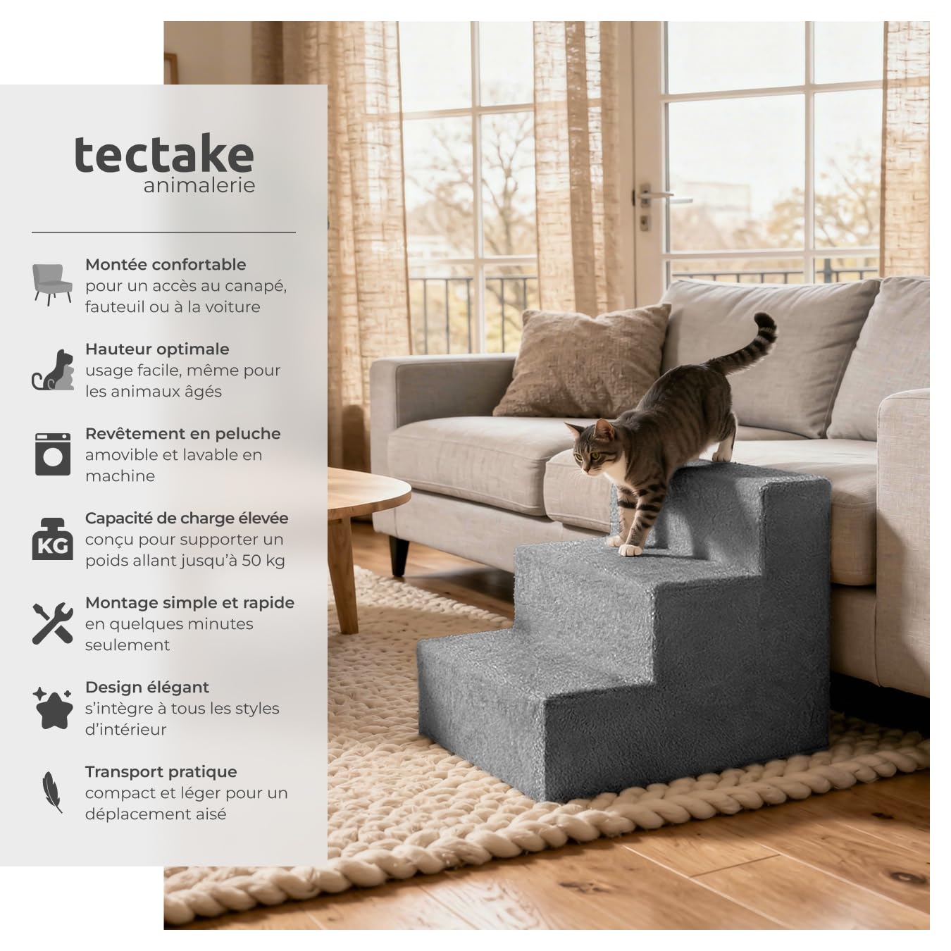 tectake® Escalier pour Chien & Chat pour Voiture ou canapé H 34,5 cm, Rampe pour Chien antidérapant, déhoussable & Lavable, Rampe de Coffre pour Chiens & Chats, Marche Animaux Max. 50 kg, Accessoire