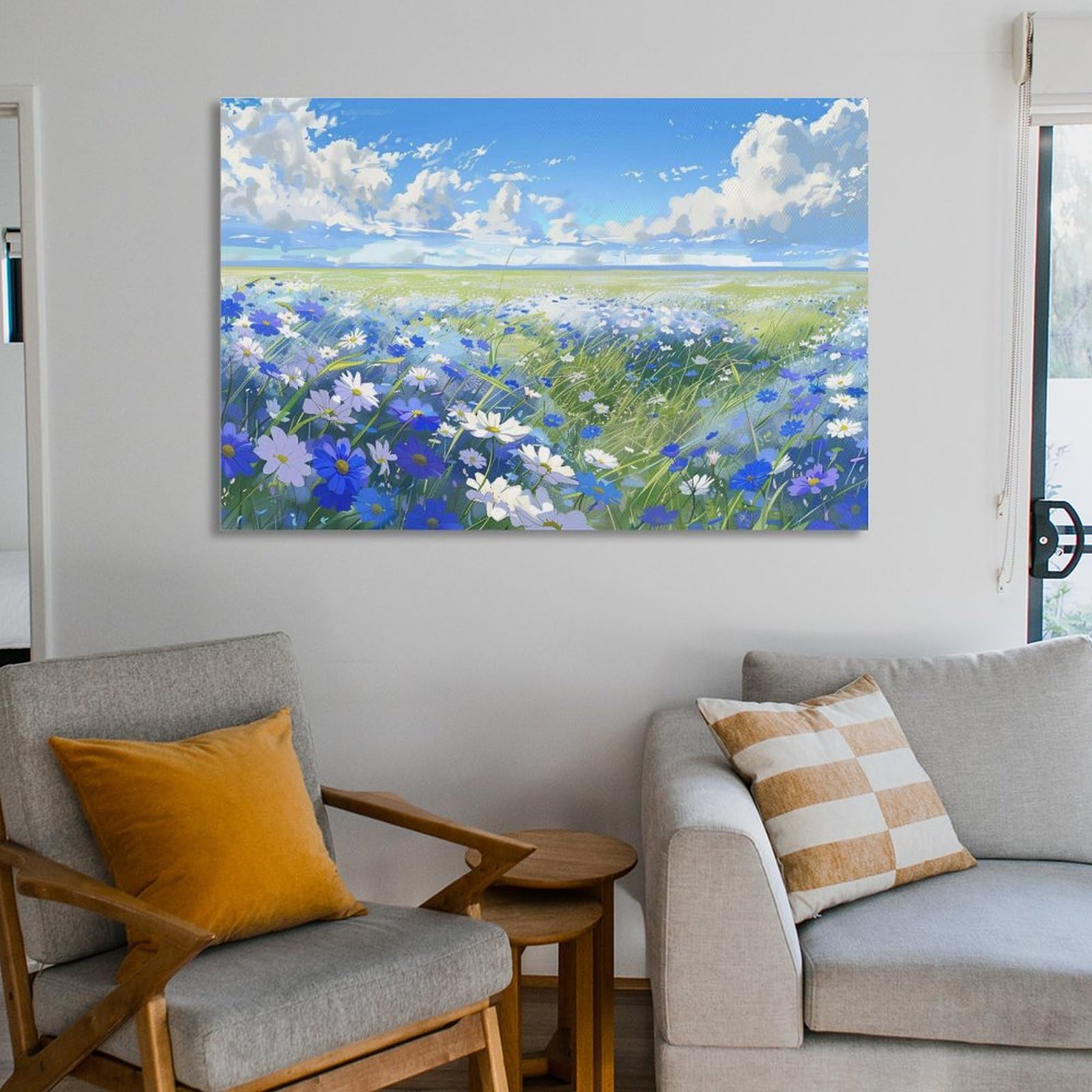 絵画 インテリア 絵 額付(白) 油絵 F4-080111 風景 草原 青い空 絵画 インテリア絵 額付 (白) 油絵 F4-080111 風景（草原青い空