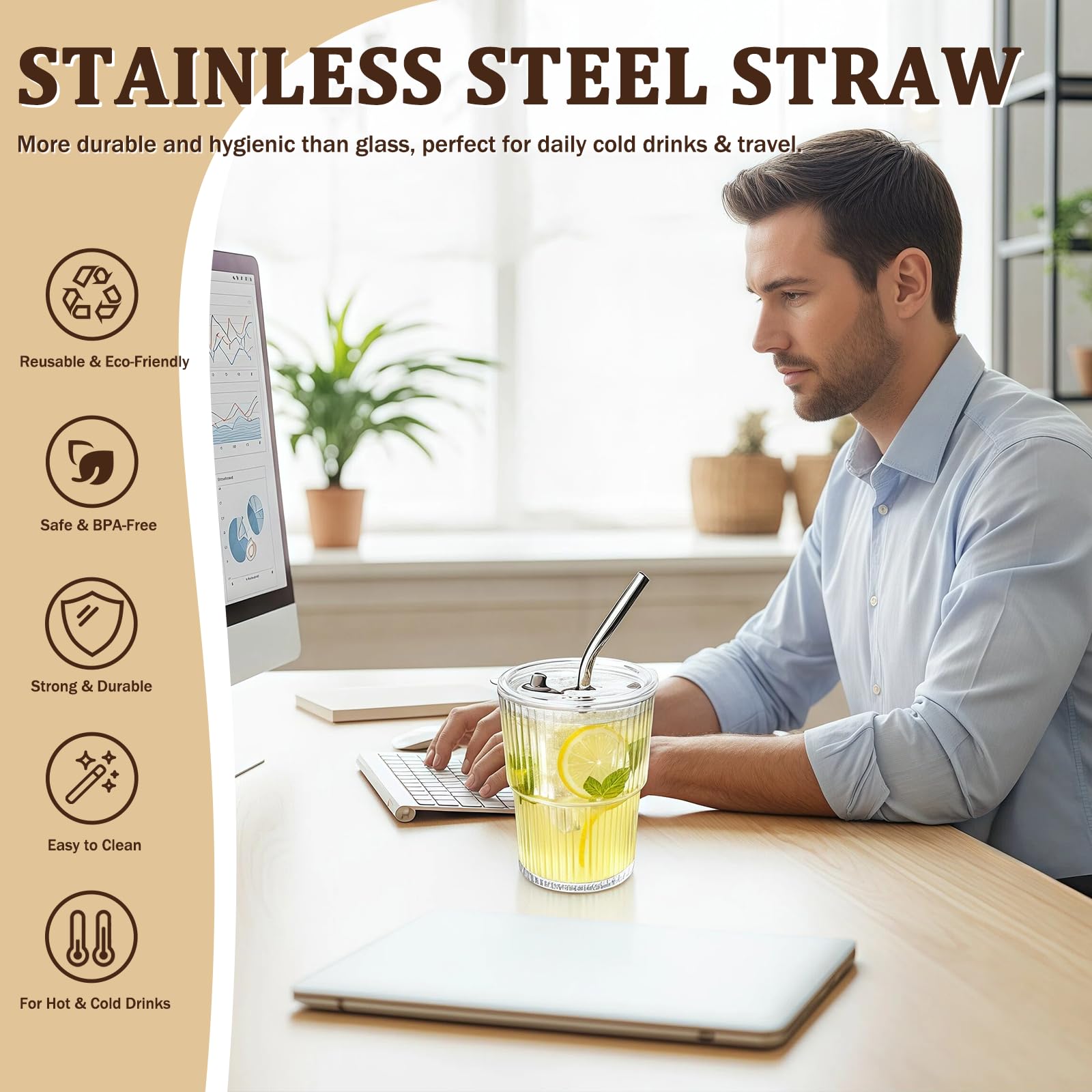 8 Packs Ribbed Glass Tumbler with Lid and Straw Ice Coffee Cup Kitchen Gadgets First Apartment Essentials New Home Must Haves Things Stuff Accessories House Warming Housewarming Hostess Host Gift