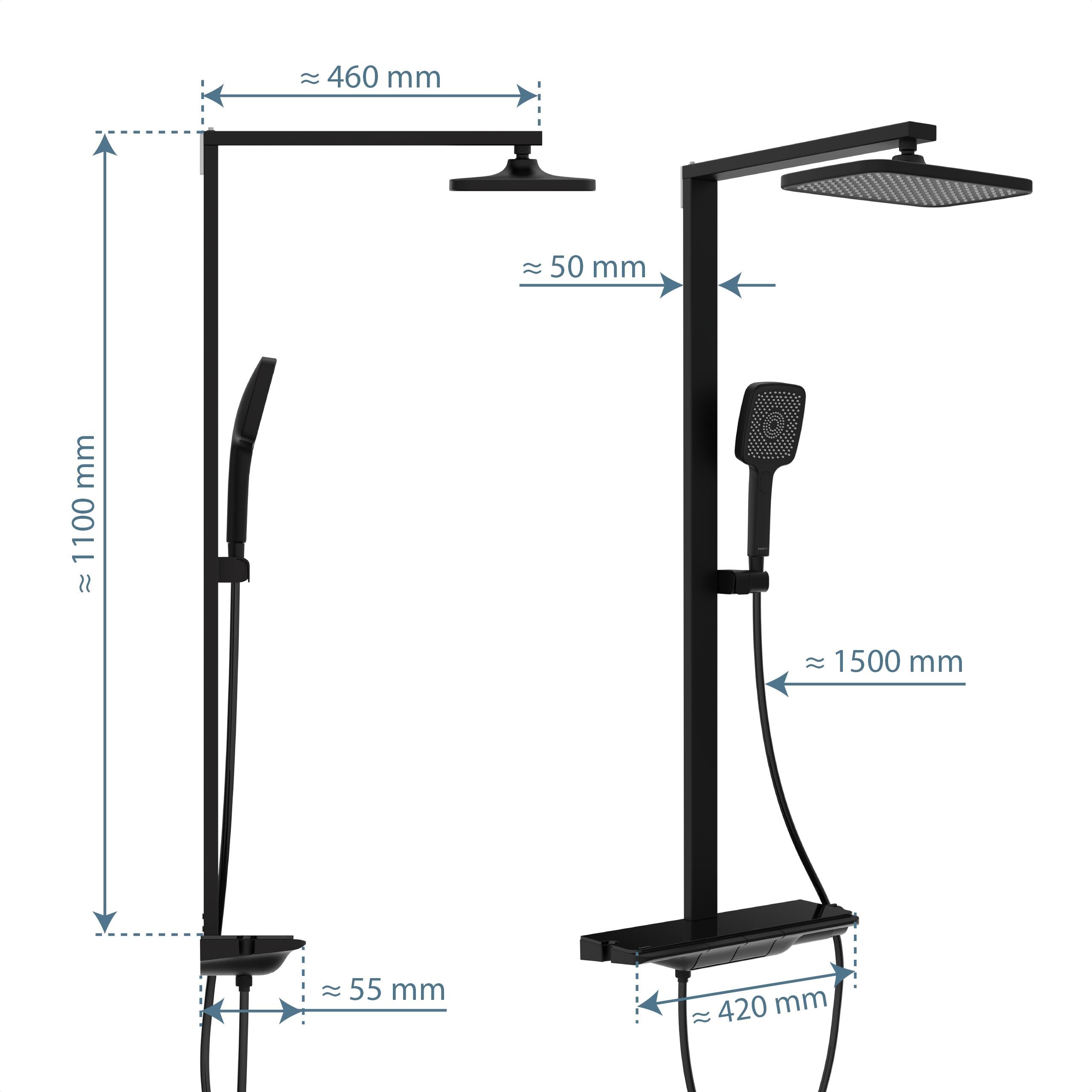 Schütte HAWAII Duschsystem mit Thermostat und Glasablage, Duschset mit 30x20cm Kopfbrause, Regendusche mit Wandhalterung und Duschkopf, Duschpaneel Duschsäule, Schwarz