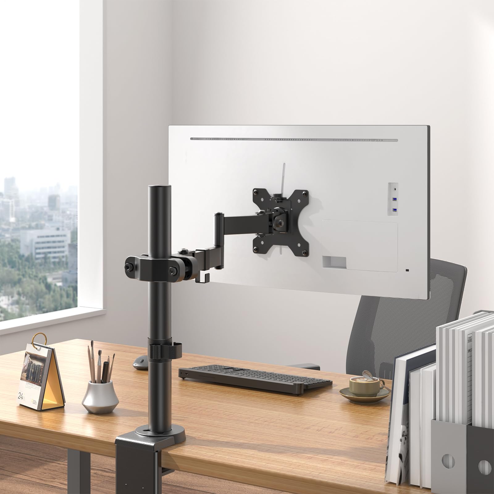 Brazo de monitor de montaje en poste fácil montaje VESA para pantallas de 17-32 soporta hasta 17.6 lbs Compatible con 75x75 y 100x100 VESA Solución perfecta cuando el montaje en pared o 8
