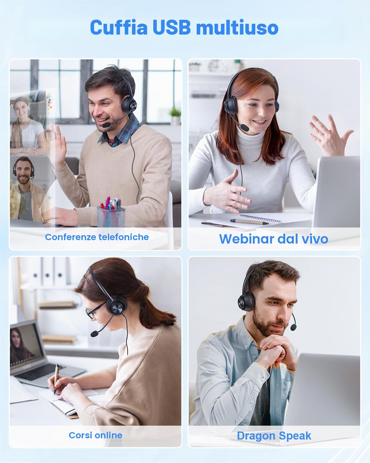 New Bee Cuffie con Microfono per PC, Cuffie con Microfono, cuffia per PC con USB-A e USB-C, per call center/conferenze telefoniche/chat Skype/corsi online