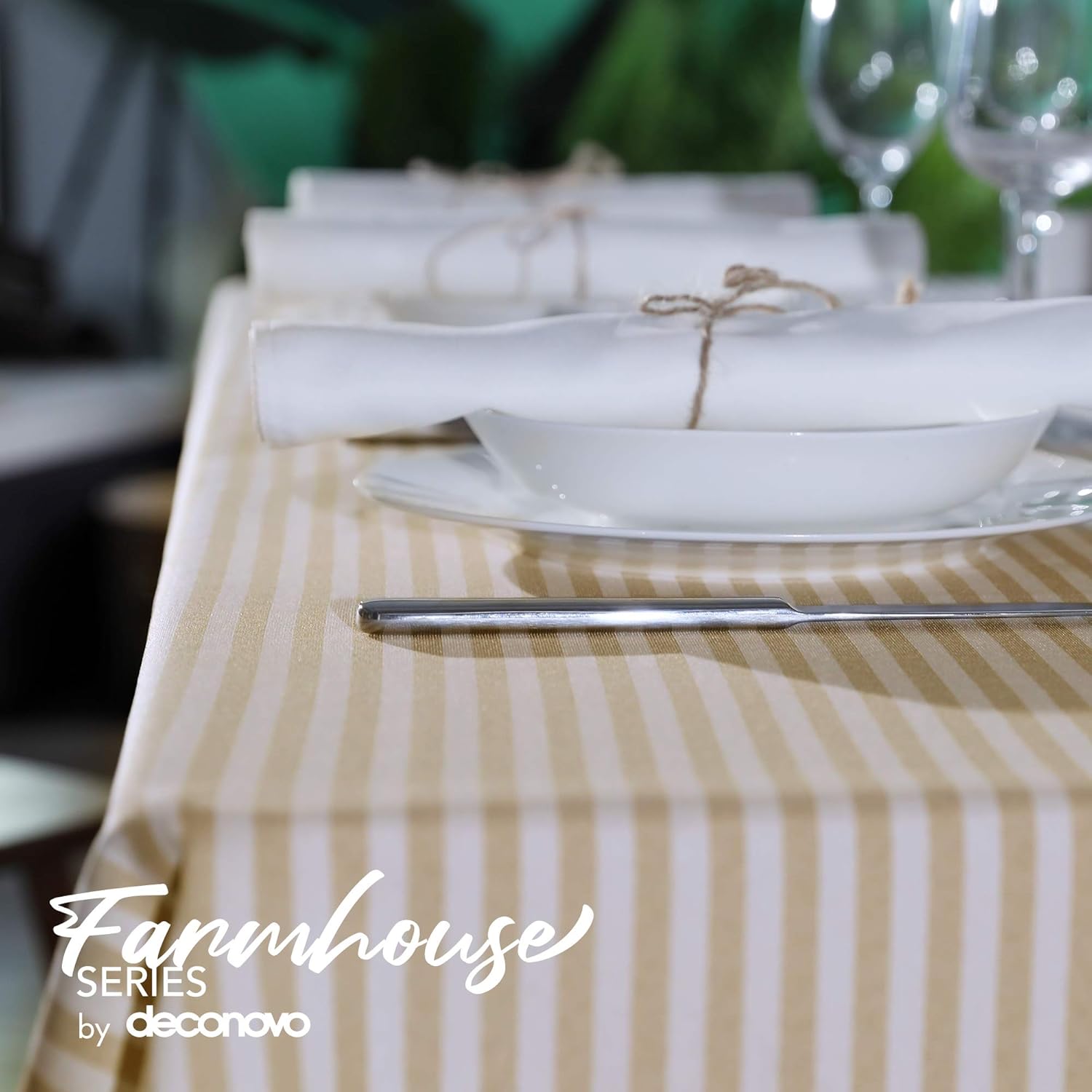 60% Off Discount Deconovo Stripe Pattern Table Cloth, Water Resistant and Spill Resistant Table Cover, Square Nordic Style Tableclothfor Parties, 54x54 Inch, White and Dark Grey