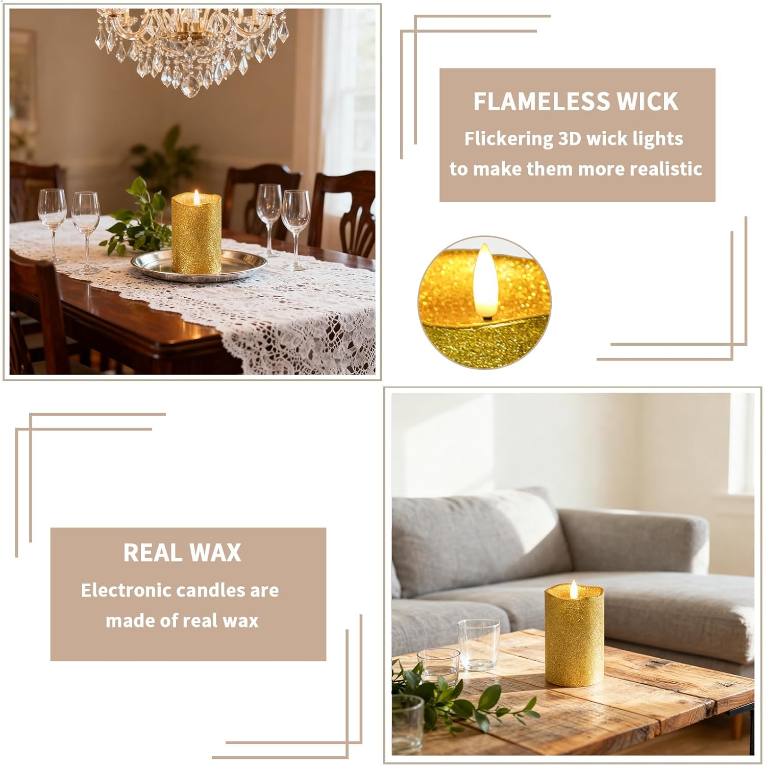 Gold Glitter Led Battery Operated Candles, Flameless Flickering Pillar Candles with Remote and Timer, Real Wax 3D Flame Candle for Home Table Centerpiece Anniversary Events Decor 3'' x 5''