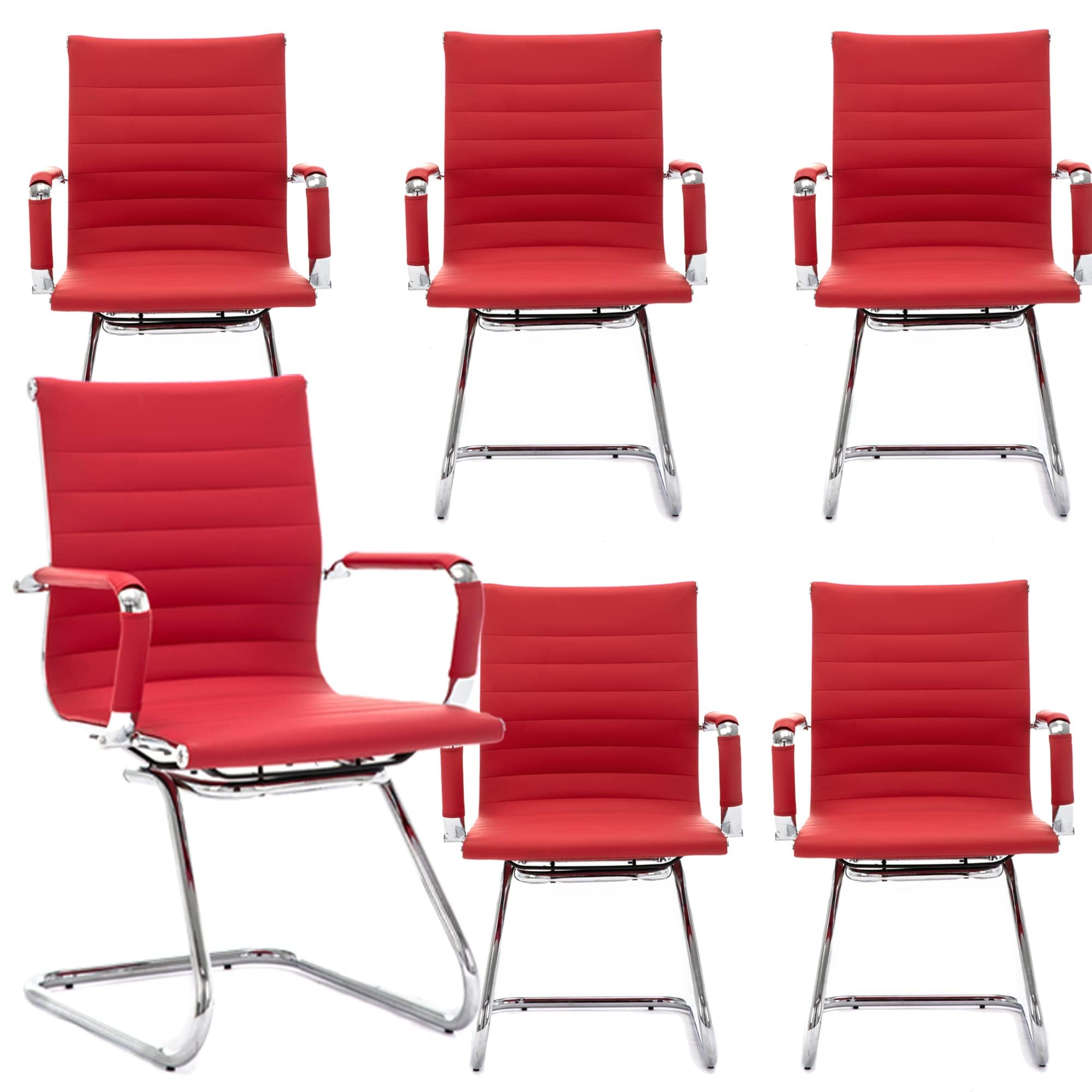 Office Desk Chair No Wheels Set of 6 PU Leather Computer Chairs Mid Back Guest Chairs for School Reception Conference Waiting Room, Deep Red