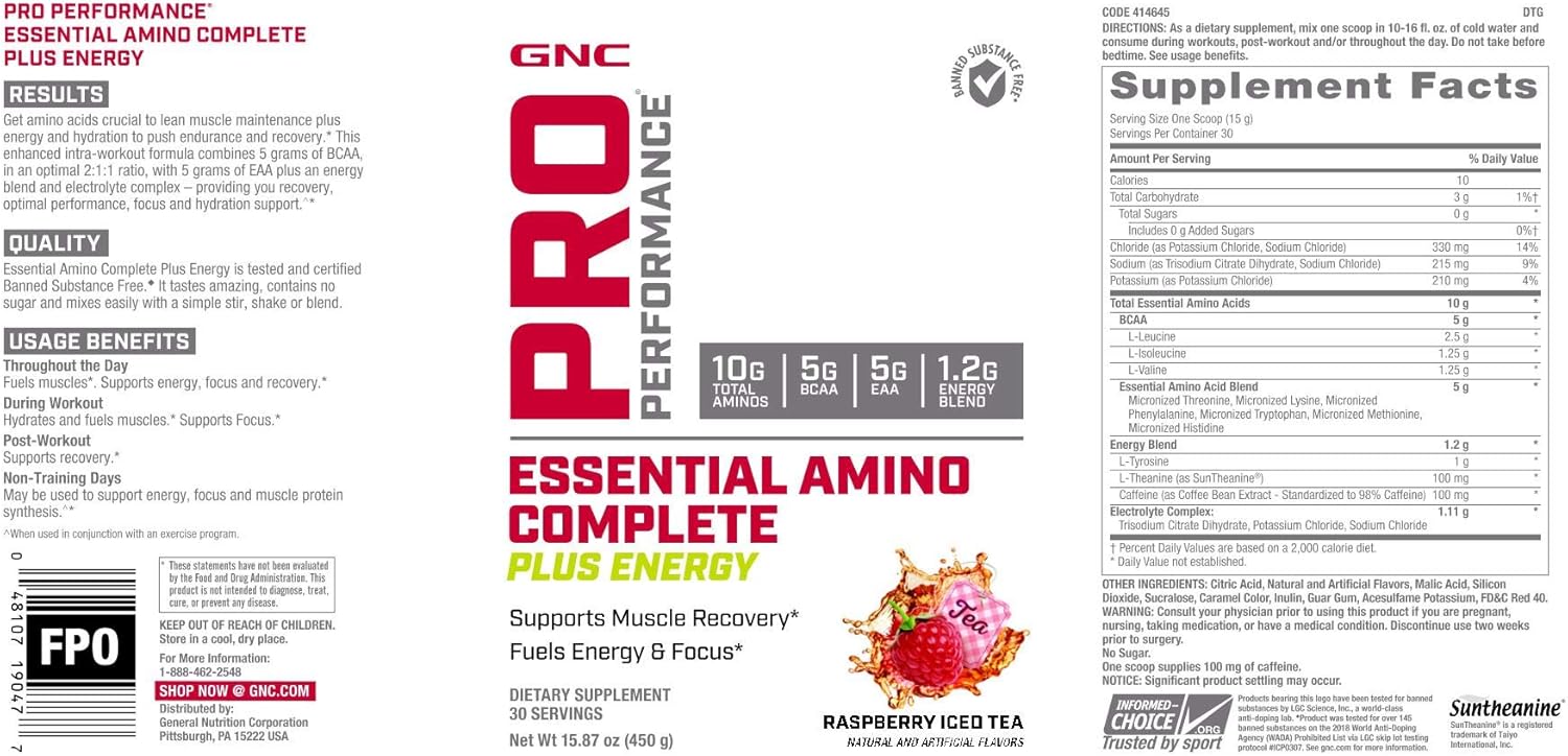 GNC Pro Performance Essential Amino Complete Plus Energy - Raspberry Iced Tea | 5g BCAA, 5g EAA Plus Energy Blend and Electrolyte Complex | 30 Servings