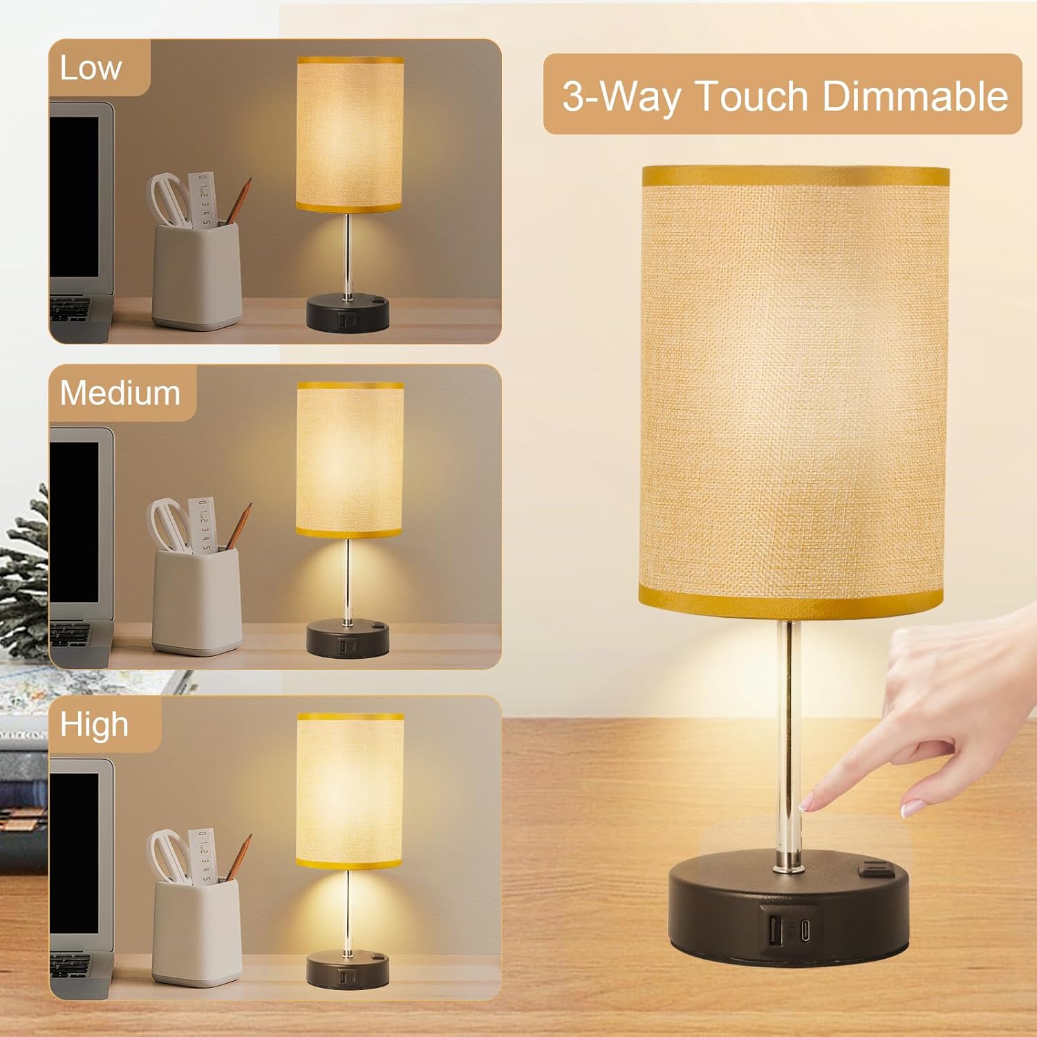 Touch Table Lamp - 3 Way Dimmable Bedside Table lamp with USB-C USB-A and AC Charing Ports Wood Grain Base with Linen lampshade Free E26 Bulb Included (Satin Black), Small, NV-TL001-10