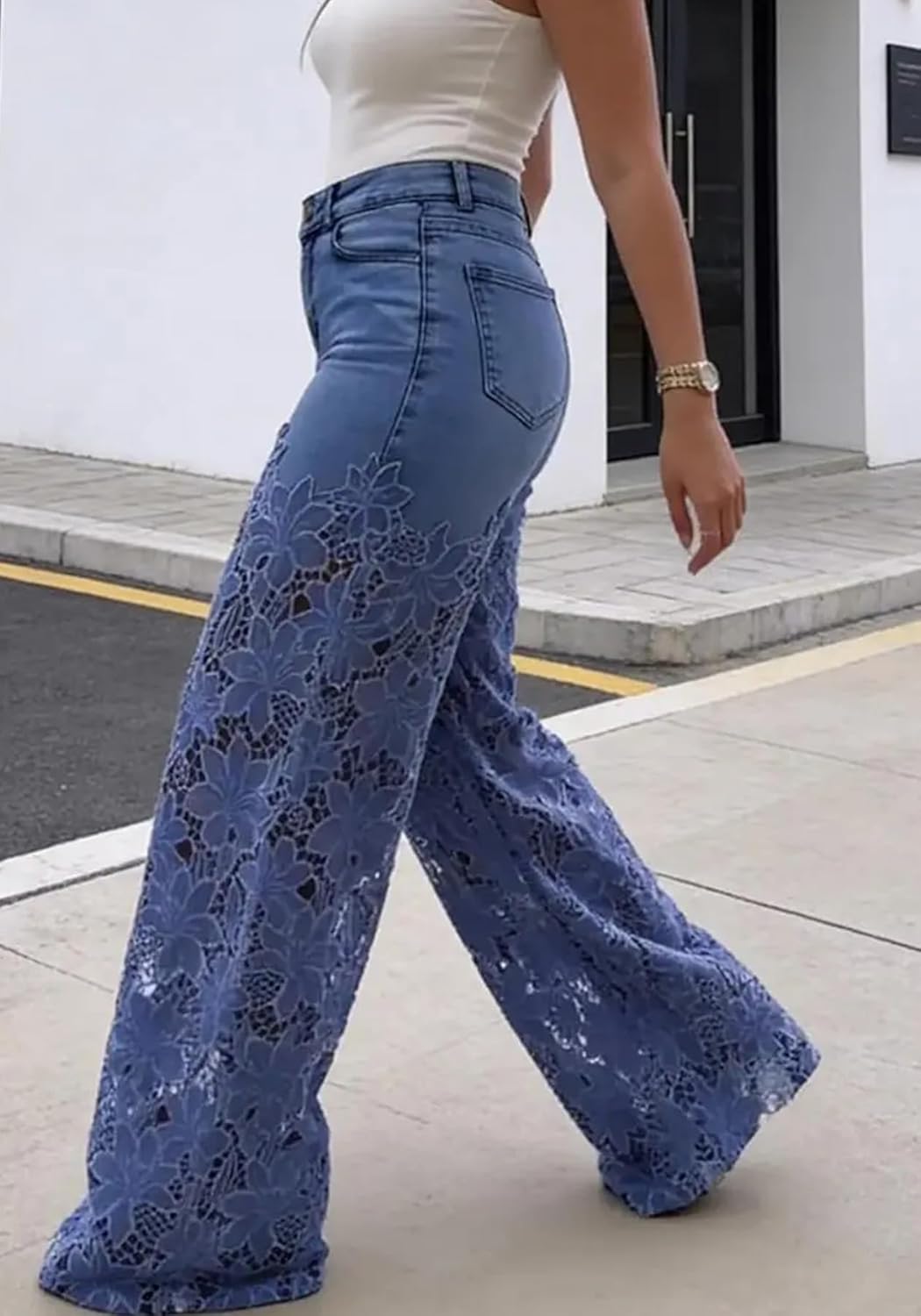 Molisry Women's Lace Floral Jeans Embellished Jeans Hollow Out Straight Leg Trendy Denim Baggy Pants