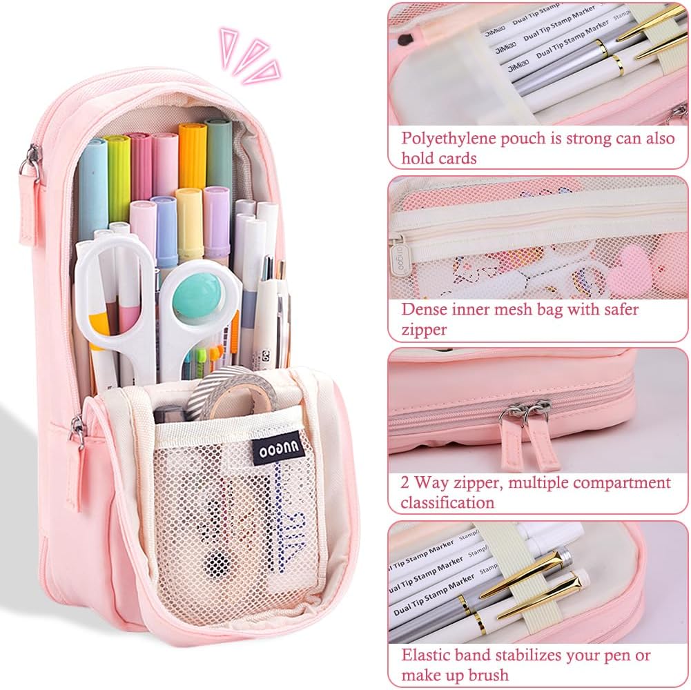 iSuperb Standing Pencil Case 2 Compartments Pencil Pouch Magnetic Mobile Phone Holder Bracket Pen Bag Large Capacity Phone Pouch College Stationery Organizer Storage for Kids Boys Girls
