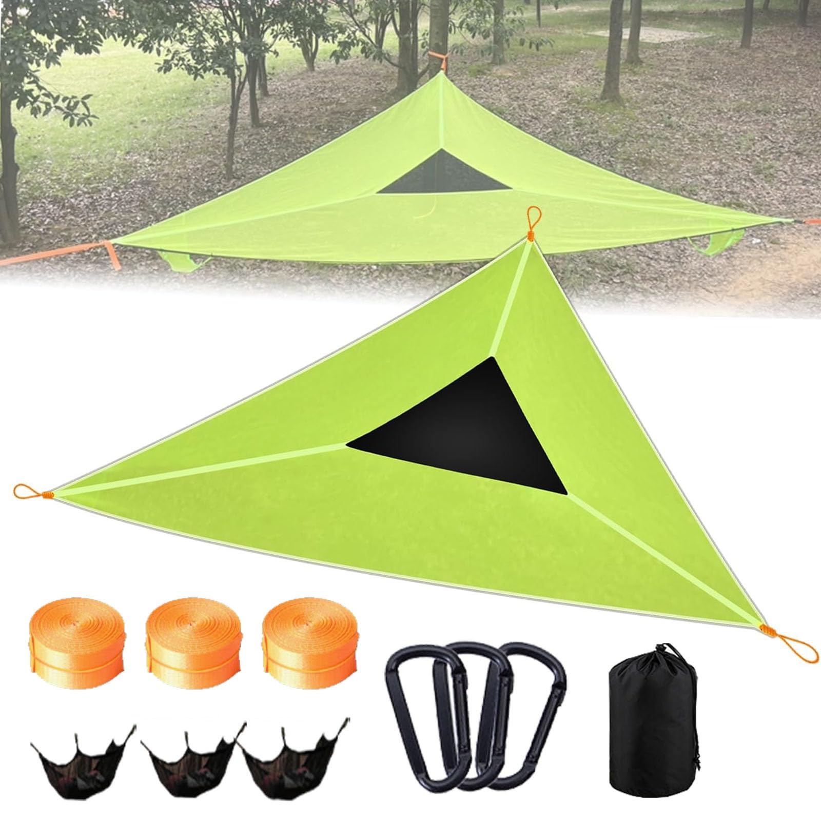 Triangle Camping Hammock, 4/2.8m Multi Person Portable Hammock for Adults, with 3 strap and mesh bags, Storage Bag, Max 400 Lbs, for Travel Backyard Outdoor Garden green 4 * 4 * 4meters