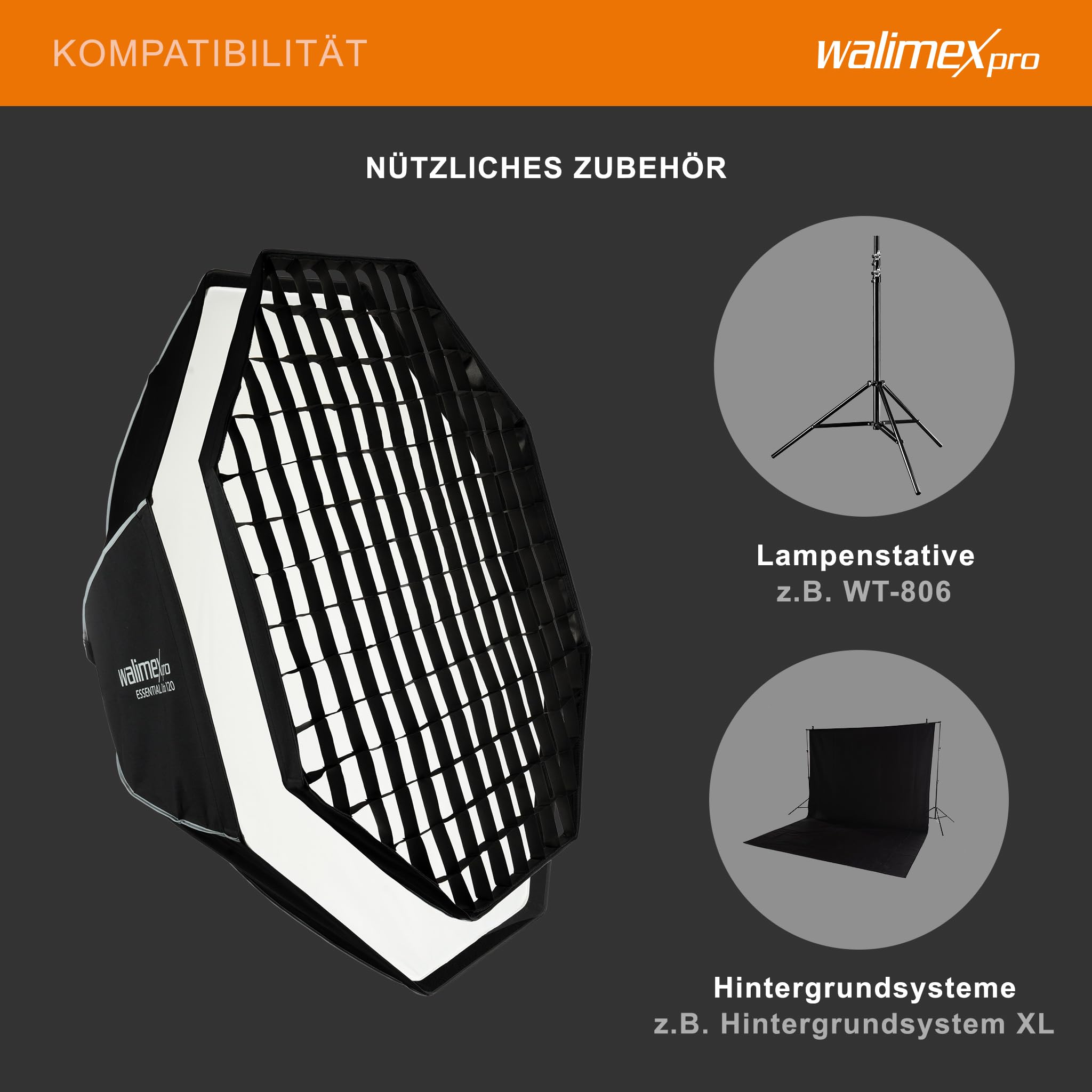 Walimex pro Essential Softbox Octagon 120 cm, Rotation à 360°, Montage Facile, avec Grille, Adaptateur Bowens et Sac de Transport, idéal pour Les Portraits et Les Prises de Vue de beauté