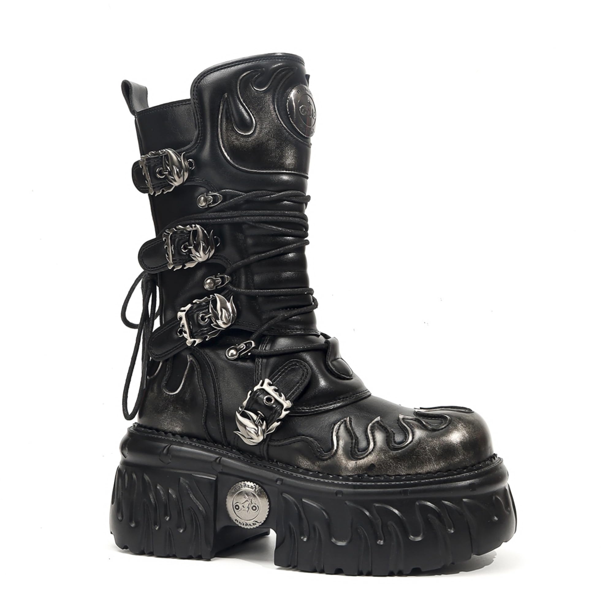Botas Punk Góticas de Plataforma para Mujer con Diseño de Llamas, Hebillas Metálicas Cremallera Lateral – Estilo Biker Rock de Suela Gruesa