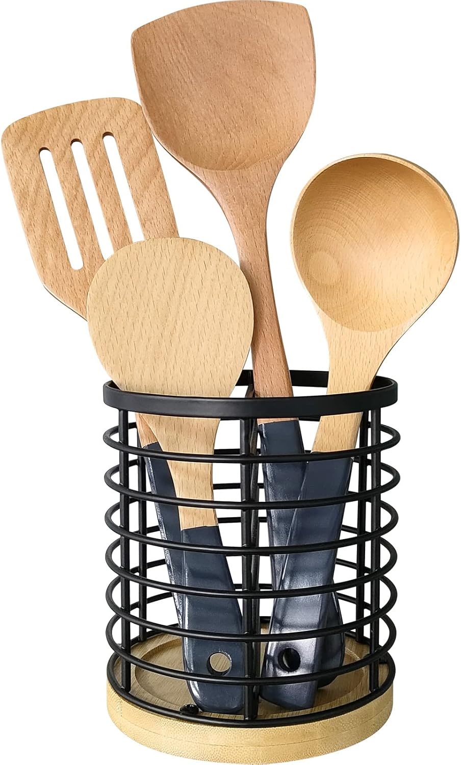 GOSCHE Kitchen Utensil Holder for Counter, Black Cooking Utensils Holder with Wooden