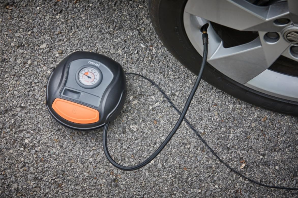 OSRAM OTI200 TYREinflate 200, Pompa elettrica analogica, compressore Auto Portatile 12V, Alimentazione Tramite accendisigari, gonfiaggio dei Pneumatici in 4,5 min, Senza Luce LED, Stop