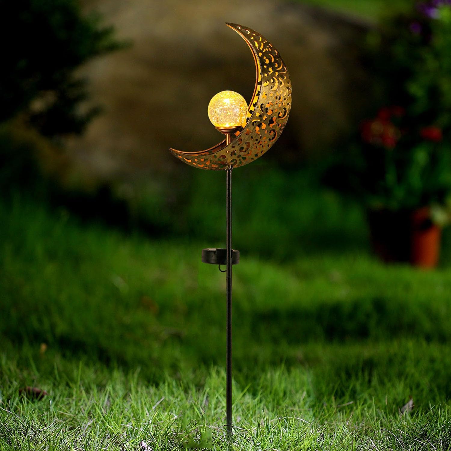 Greenfields Solar Lights Outdoor Garden Lanterns - Torch, Moon, Sun, Star Waterproof Metal Lantern - Decorative White LED Crackle Glass Globe Light Stake for Pathway, Patio, Lawn Garden Ornaments