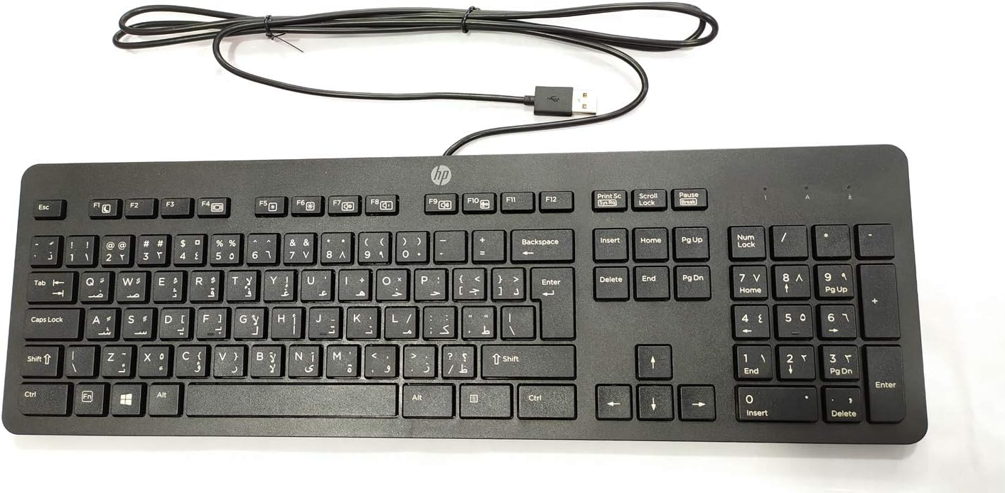 Minn fuq għal isfel view of HP USB Slim Business Keyboard showing full key layout