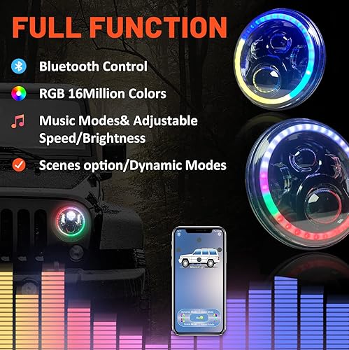 Miniatura 2 de 7 '' RGB Halo LED Faros Segunda Generación Ángel Ojos con Luz de Señal de Giro Ámbar Multicolor Bluetooth Control para Jeep Wrangler JK LJ Sahara