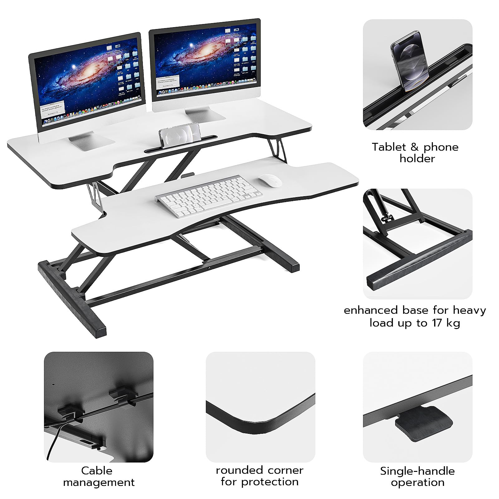 36inch Poste de Travail Assis-Debout, Station de Travail Debout à Hauteur Facilement Réglable de Clavier Amovible, Plate-Forme de 91.5x40cm (Noir+Blanc)