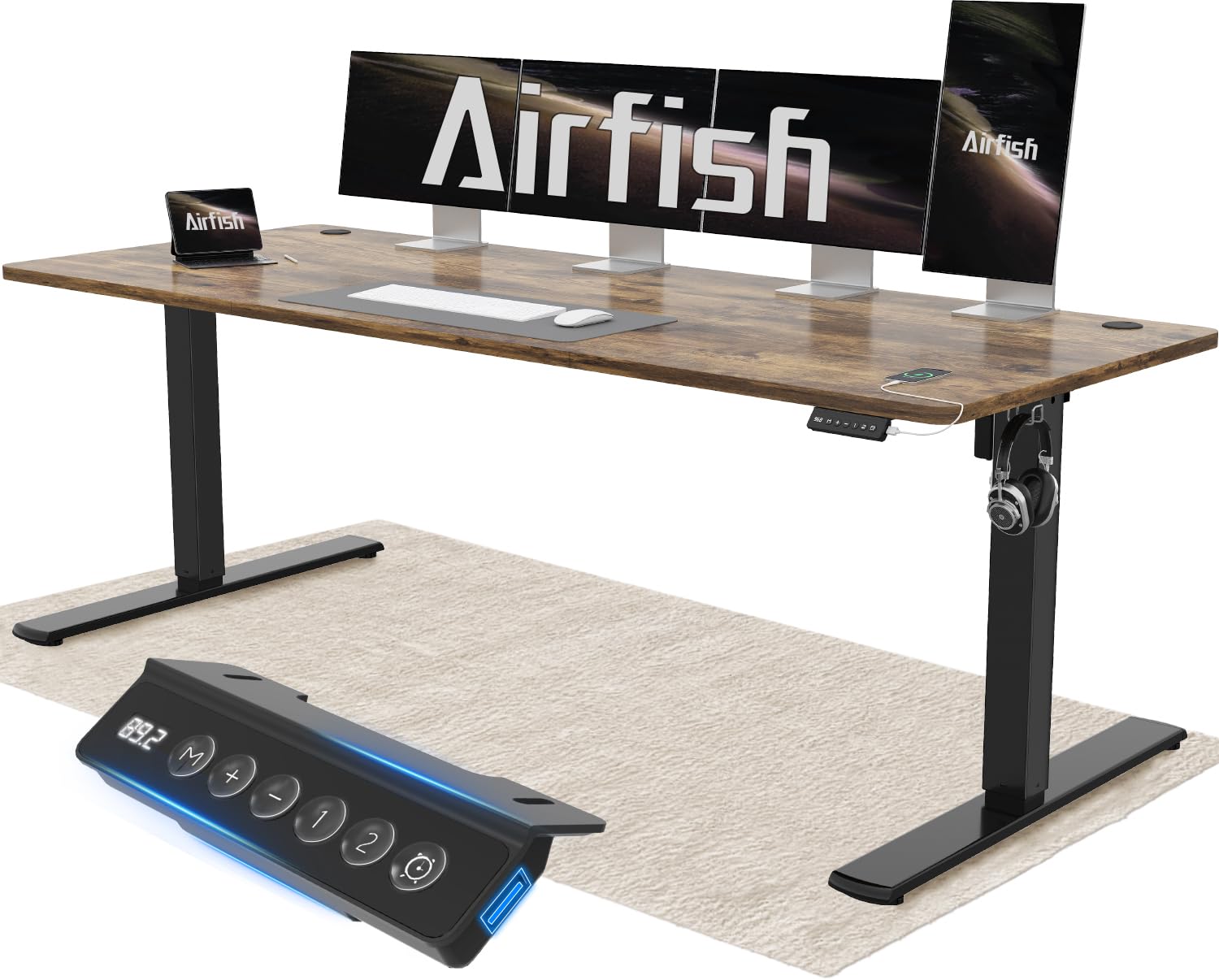 Airfish Höhenverstellbarer Schreibtisch 120x60cm mit USB-Buchse, Schreibtisch Höhenverstellbar Elektrisch mit Memory Funktion, 73-118cm, Weiß