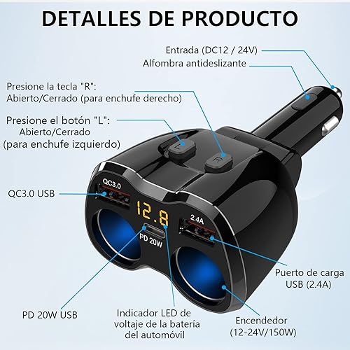 Miniatura 5 de Qidoe - Divisor de encendedor de cigarrillos, 2 enchufes, adaptador de encendedor de cigarrillos de 150 W, cargador de coche USB C de 20 W, cargador