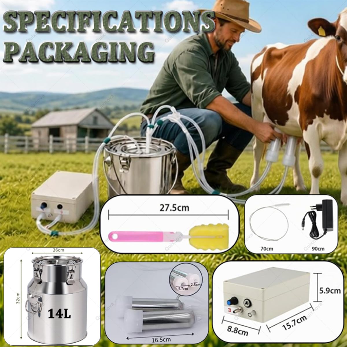 Kit mungitrice elettrica - Mungitrice per Mucche in Acciaio Inox da 14L, Dispositivo mungitore Ricaricabile per capre per Piccole aziende agricole, con Funzione di Arresto Automatico