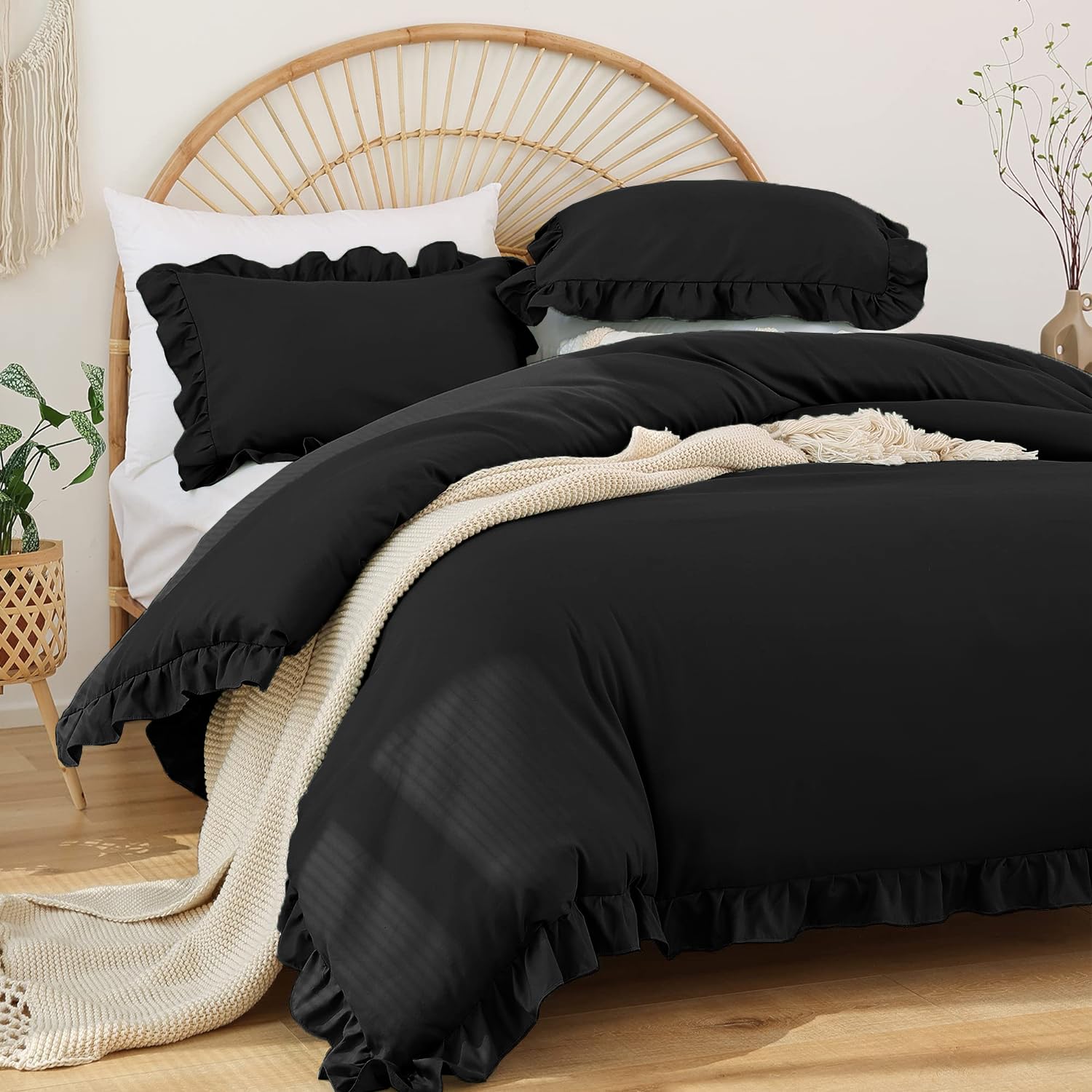 Rüschen Bettwäsche 135x200 4teilig Schwarz Uni Romantische Rüschenbettwäsche Set Einzelbett Weich Bettbezug Mikrofaser 2 Deckenbezug mit 2 Kissenbezug 80x80 cm Reißverschluss