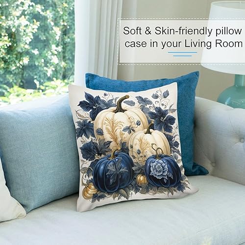 Miniatura 8 de Fundas de almohada para exteriores de 20 x 20 pulgadas, color azul oscuro y blanco, diseño de calabazas de acuarela cuadrada, fundas de cojín de
