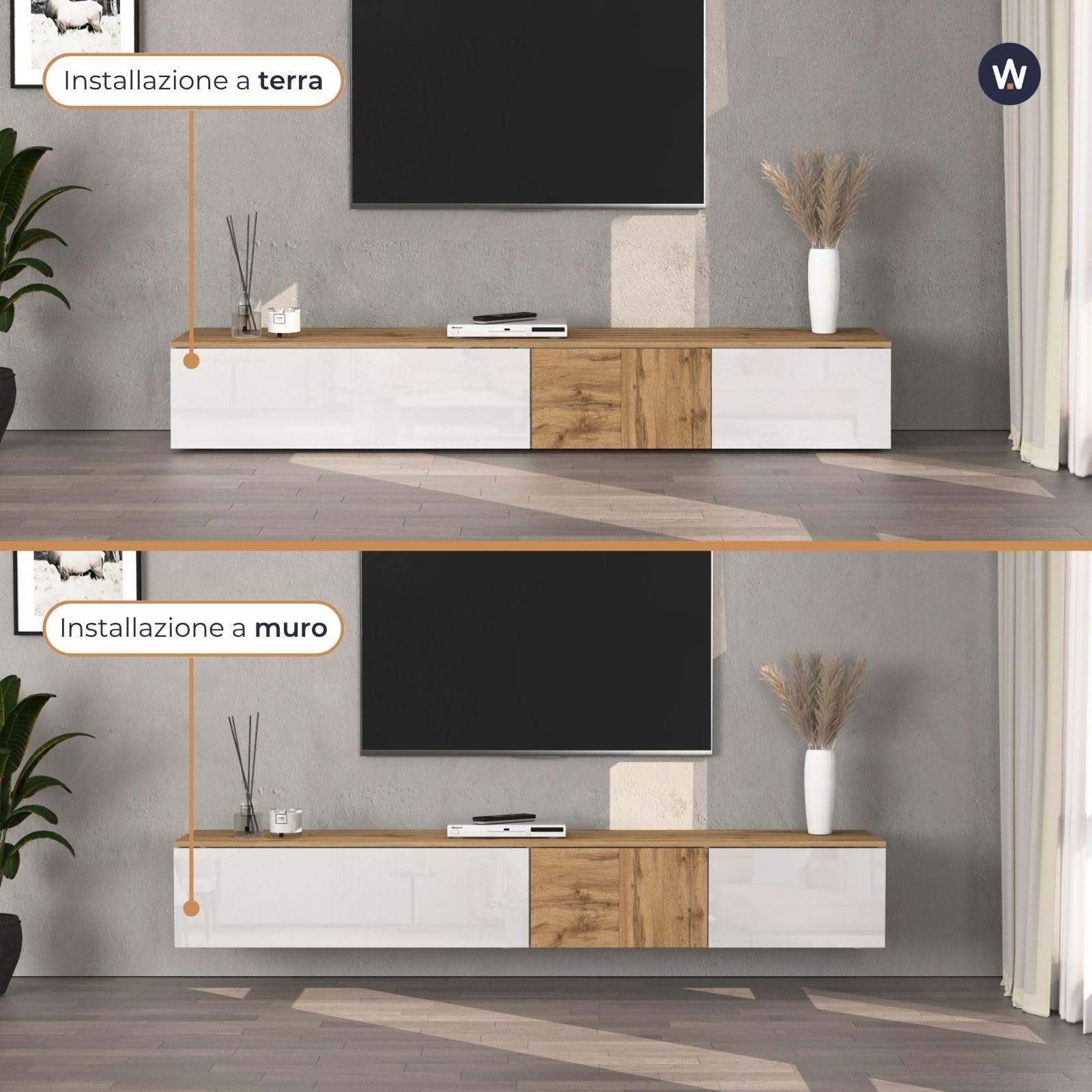 WHOUS Mobile Porta TV Sospeso ISEO per Soggiorno con 2 Ante e 1 a Ribalta, Mobile Tv a Parete per Salotto, 200x35x30 cm, Bianco Lucido e Rovere
