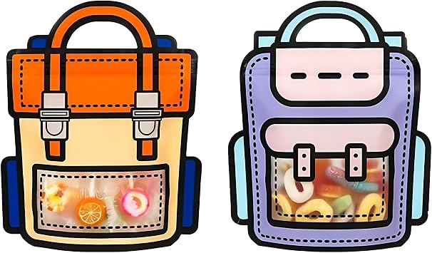 PABCK 20 Pack Clear Plastic Gift Bags Cartoon Goodie Bags Backpack Shaped Candy Snack Cookie Packaging Bag with Handle Resealable Treats Birthday Party Favor Reusable Stand Up 10 Purple + 10 Orange, 7.09x8.27 inch