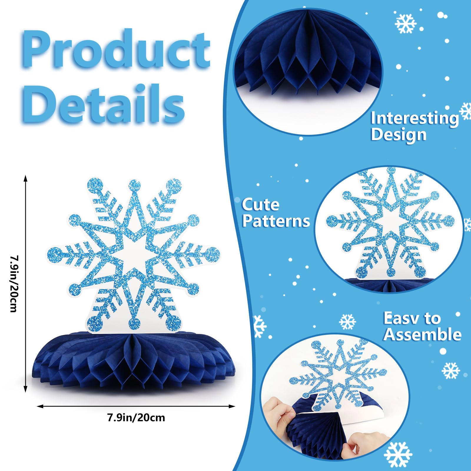 12PCS Winter Wonderland Party Decorations 3D Honeycomb Winter Centerpieces for Tables Blue White Christmas Party Supplies for Kids Birthday Xmas Holiday Party Prop Favors