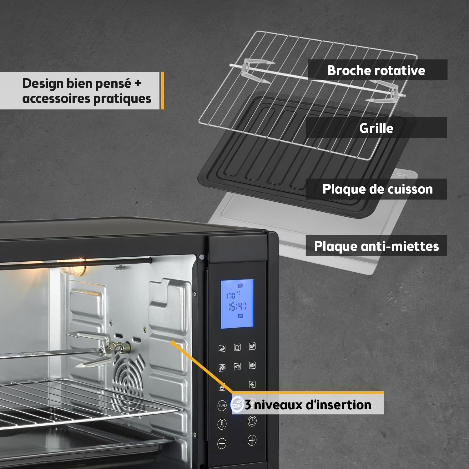 TZS First Austria - Mini-Four Numérique 30L 1600W Four avec réglage de la température jusqu'à 230°C, Avec minuteur de 60 min, 3 hauteurs d'insertion, plaque et grille, Pour petites cuisines et camping