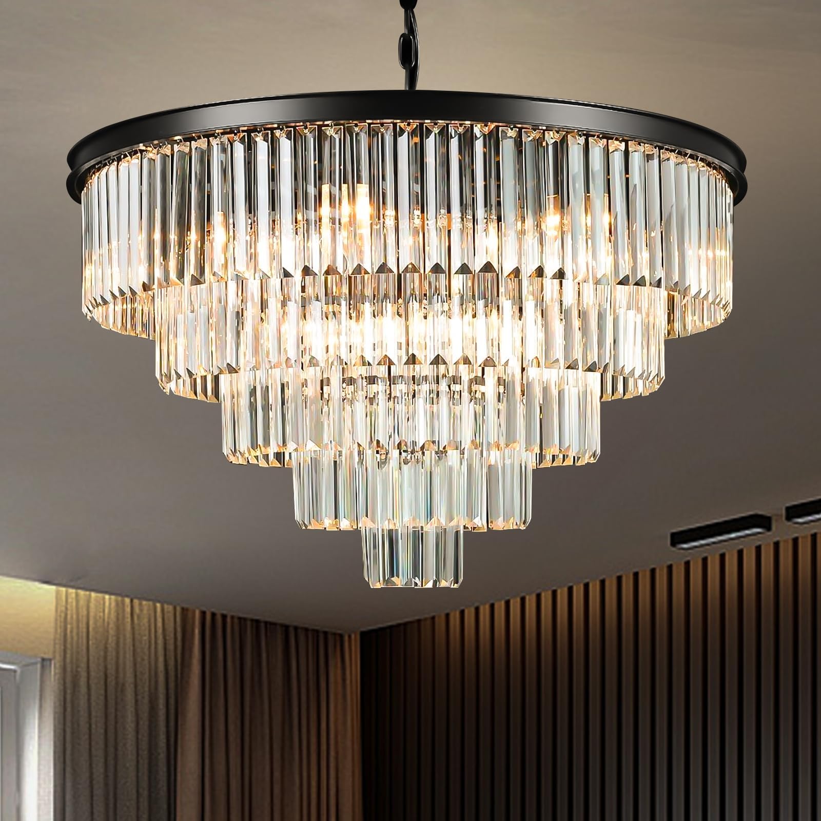 USOR16 Lights Large Crystal Chandeliers D80cm H50cm Modern Luxury Flush Mount Ceiling Light Fixture 3 Colors Hanging Pendant K9 Crystal Chandeliers (Black+Clear Crystal, D80cm x H50cm)