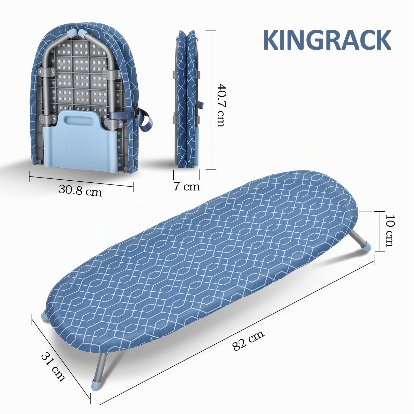 KINGRACK Tabla de Planchar Plegable, 31x82 cm, Azul | Plegable y portátil, pies antideslizantes, ideal para uso doméstico y viajes