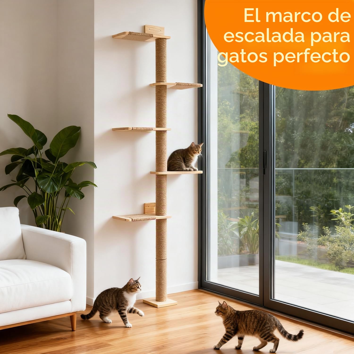 Rascador Grande de 205 cm, Pared de Escalar para Gatos, Ajustable en Altura, Torre para Gatos de 5 Niveles, árbol de Gatos montado en la Pared para Que los Gatos escalen y rasquen