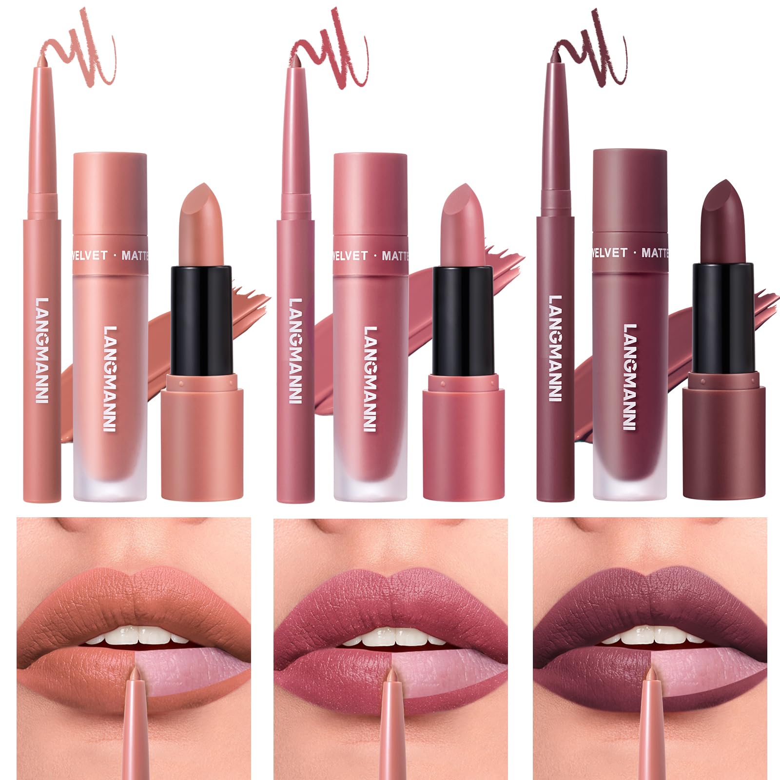 LANGMANNI 3 in 1 Matte Velvet Lipstick Set-Lip Liner,Lip Gloss and Lipstick Combo,Perfect for Natural Lip Contour,Waterproof And Longlasting Effect Lip Makeup,Unique Festival Gift (#02+04+06)