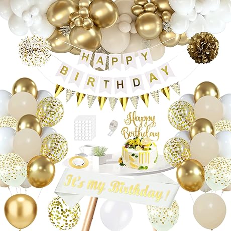 White and Gold Party Decorations, - Classy Birthday Decoration Set