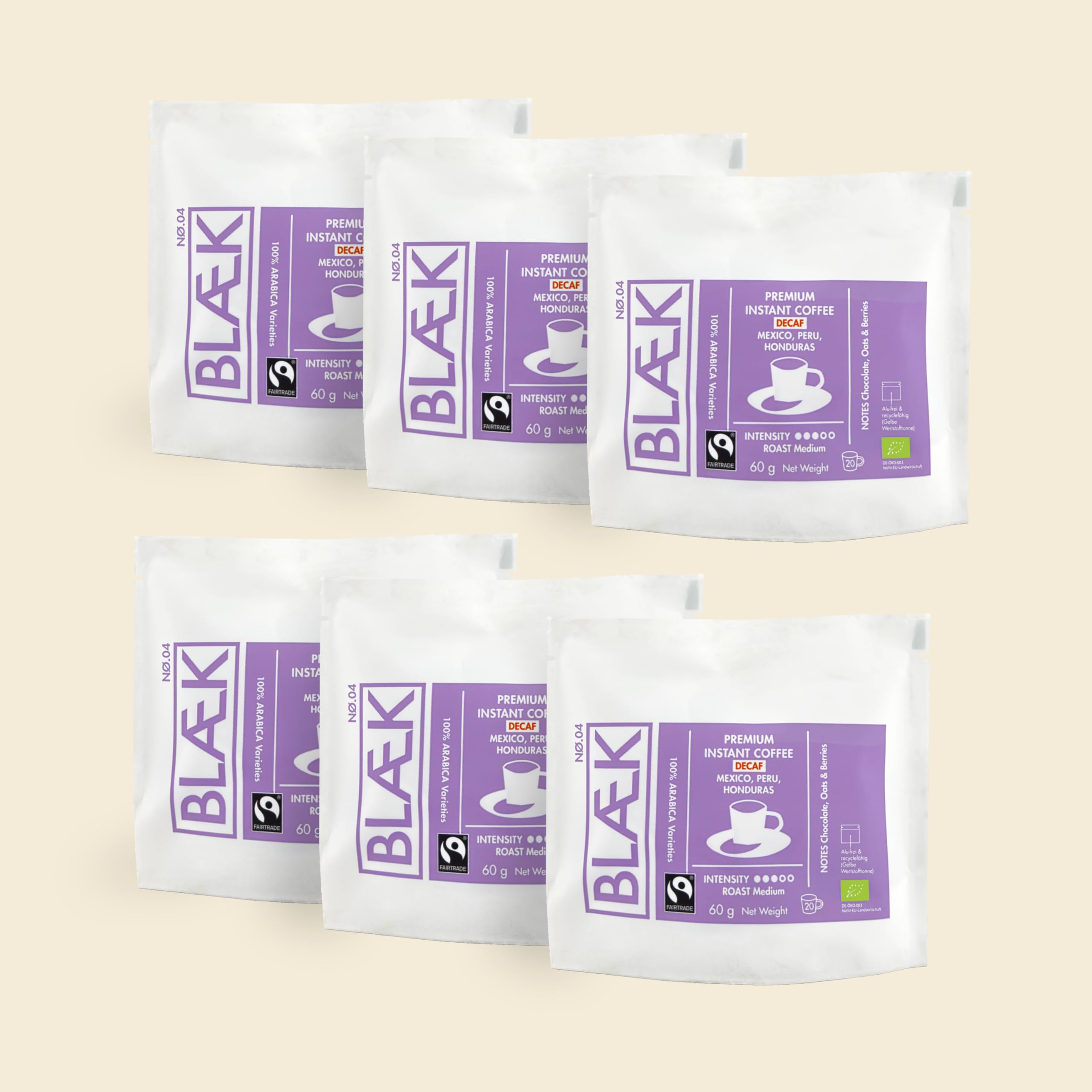 BLÆK Specialty Bio Instant Kaffee Decaf: Blaek Nø.4 entkoffeiniert | löslicher Premium Coffee To Go 6er Set 60g Bag koffeinfrei säurearm & mild | Arabica Hochland Kaffeebohne Medium Roast