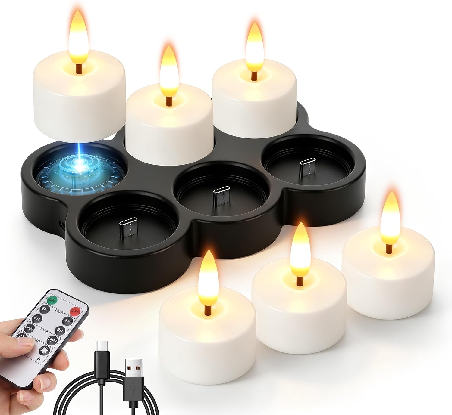 6 Pcs Rechargeable Flameless Candles with Remote Timer & Charging Base