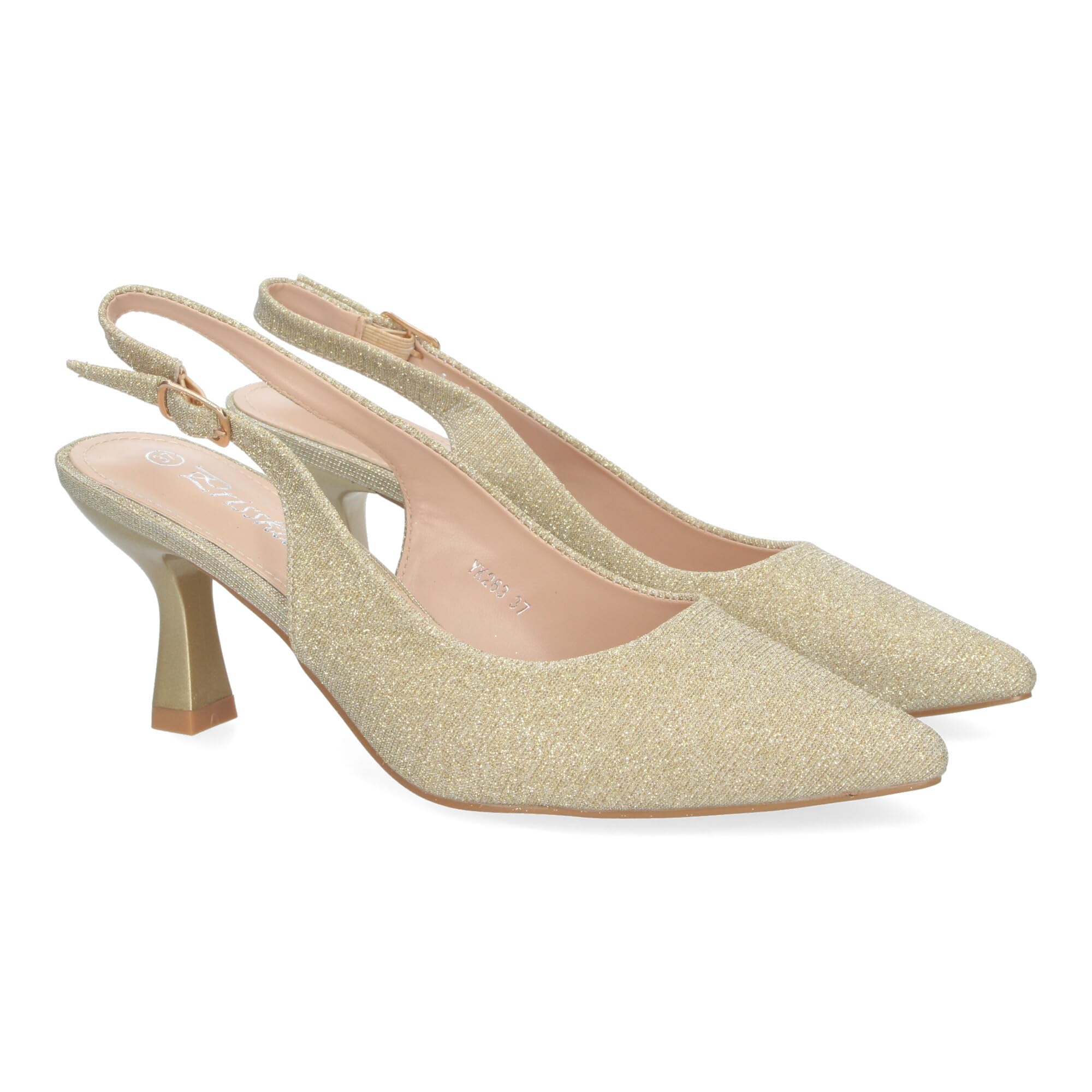 shoes&blues.es Zapato de Salon para Mujer, Diseno Elegante con Tacon, Abierto por el Talon, Puntera Fina y Cierre de Hebilla Ajustable.