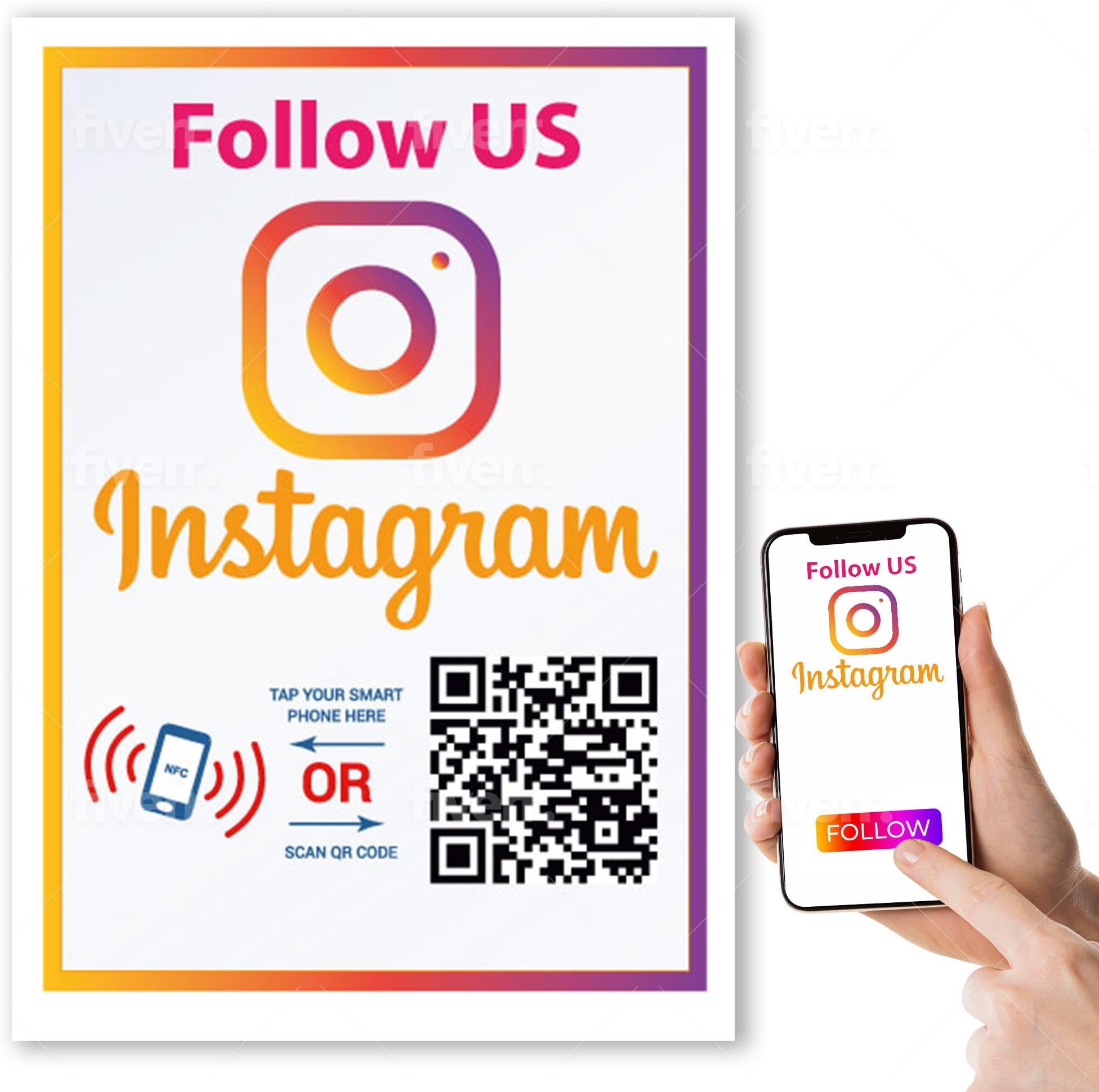Follow Us On Instagram Sticker - Touchless QR Code and NFC Tag - Two-Sided Instagram Review Tap Card - Storefront Window Decal - 4" Wide - 6 Inches High