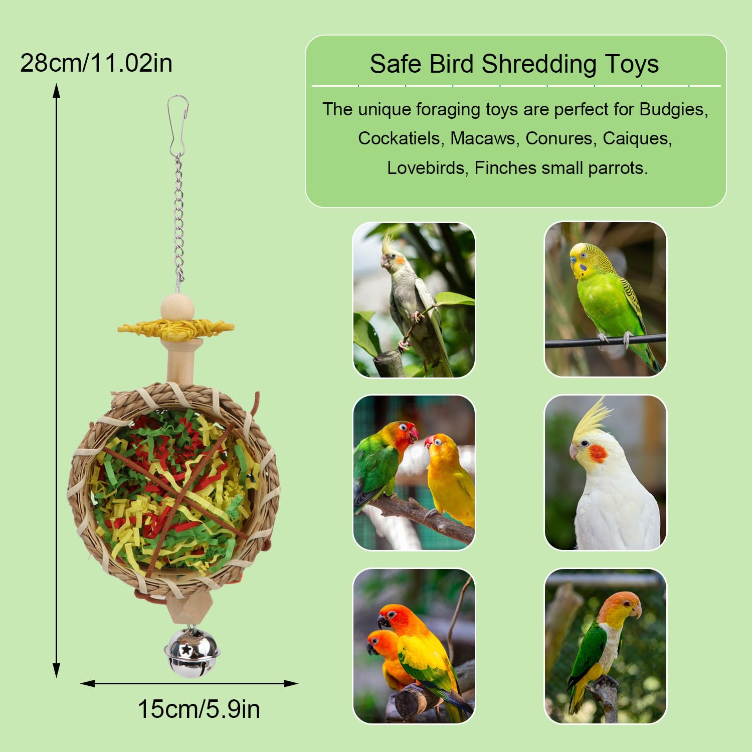 Hypeety Bird Foraging Toys Natural Seagrass Woven Basket Parrot Foraging Chewing Toy with Bell Colourful Parakeet Hanging Toys for Cockatiel Sun Parakeet Budgie Lovebirds (1 pc Woven Basket) - image 2