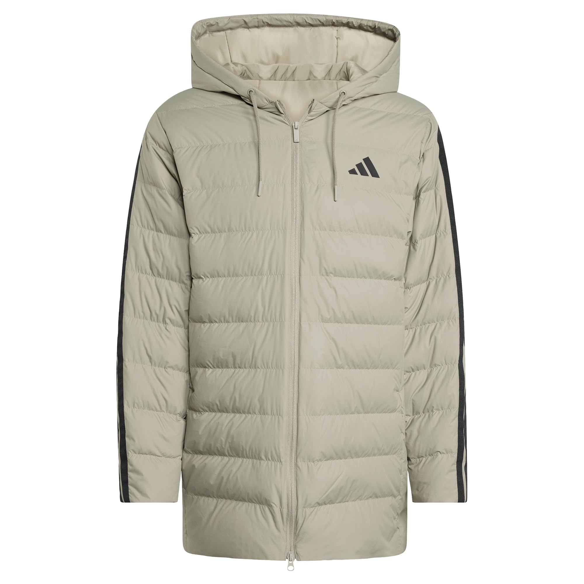 adidas Men's Essentials Climawarm 3 Stripes Light Down Hooded Parkas Coat, silver pebble, XL