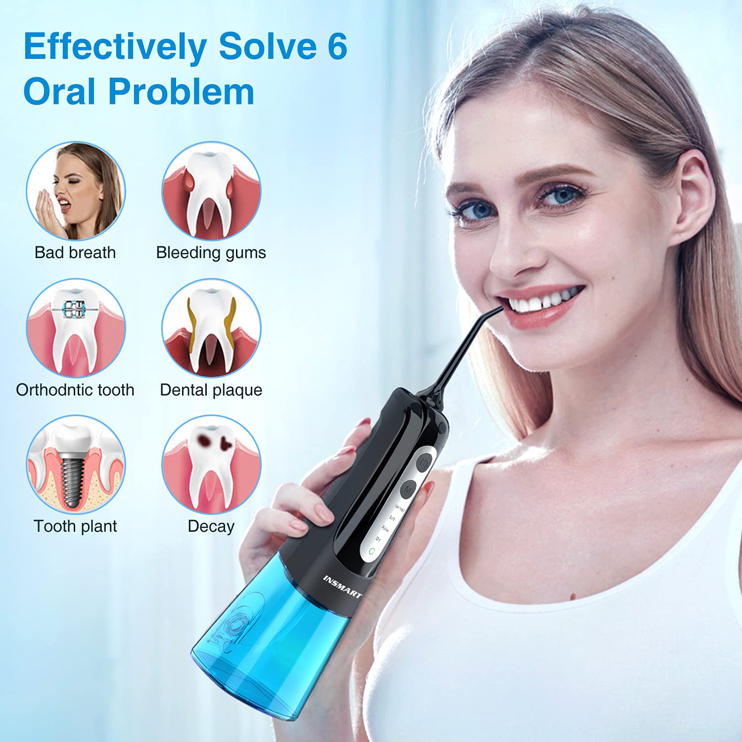 INSMART Irrigadores Bucales, Irrigador Dental Inalámbrico Portátil con 4 Boquillas 4 Modos 300 ML, IPX7 Impermeable