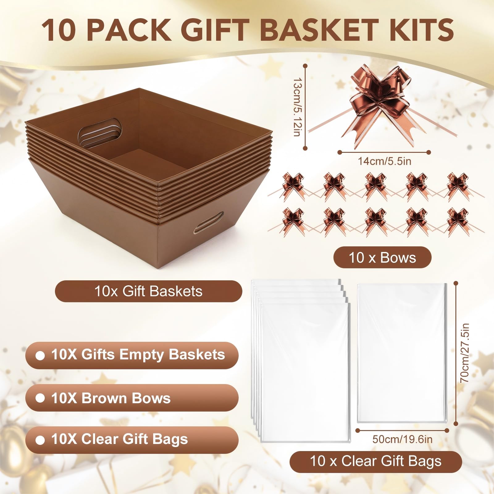 Confezione da 10 cestini vuoti marroni per regali, 25,4 x 20,3 cm, con 10 sacchetti regalo trasparenti e 10 fiocchi, cesti regalo vuoti per Natale