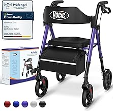 VOCIC Rollator Walker with Seat, Brakes, Bag, Foldable Walking Aid, Adjustable Height, Lightweight Rollator for Disabled, 20cm/8'' Wheels for All Terrain, 5 Year Support,Purple