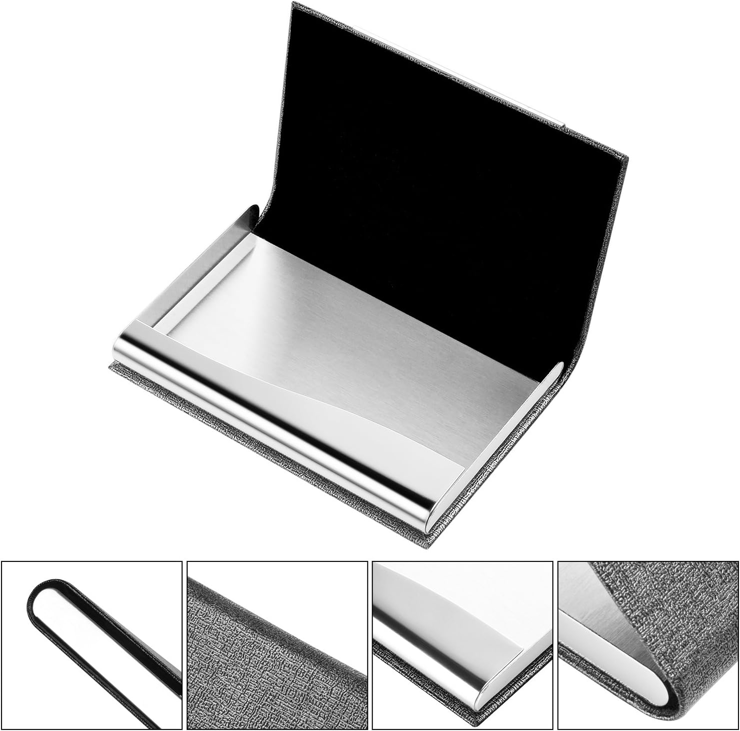 Business Card Holder Business Card Case - JuneLsy 2 Pack Gray Luxury PU Leather and Stainless Steel Metal Card Holder for Men and Women with Magnetic Shut Keep Business Cards Clean (2 Pack Gray)
