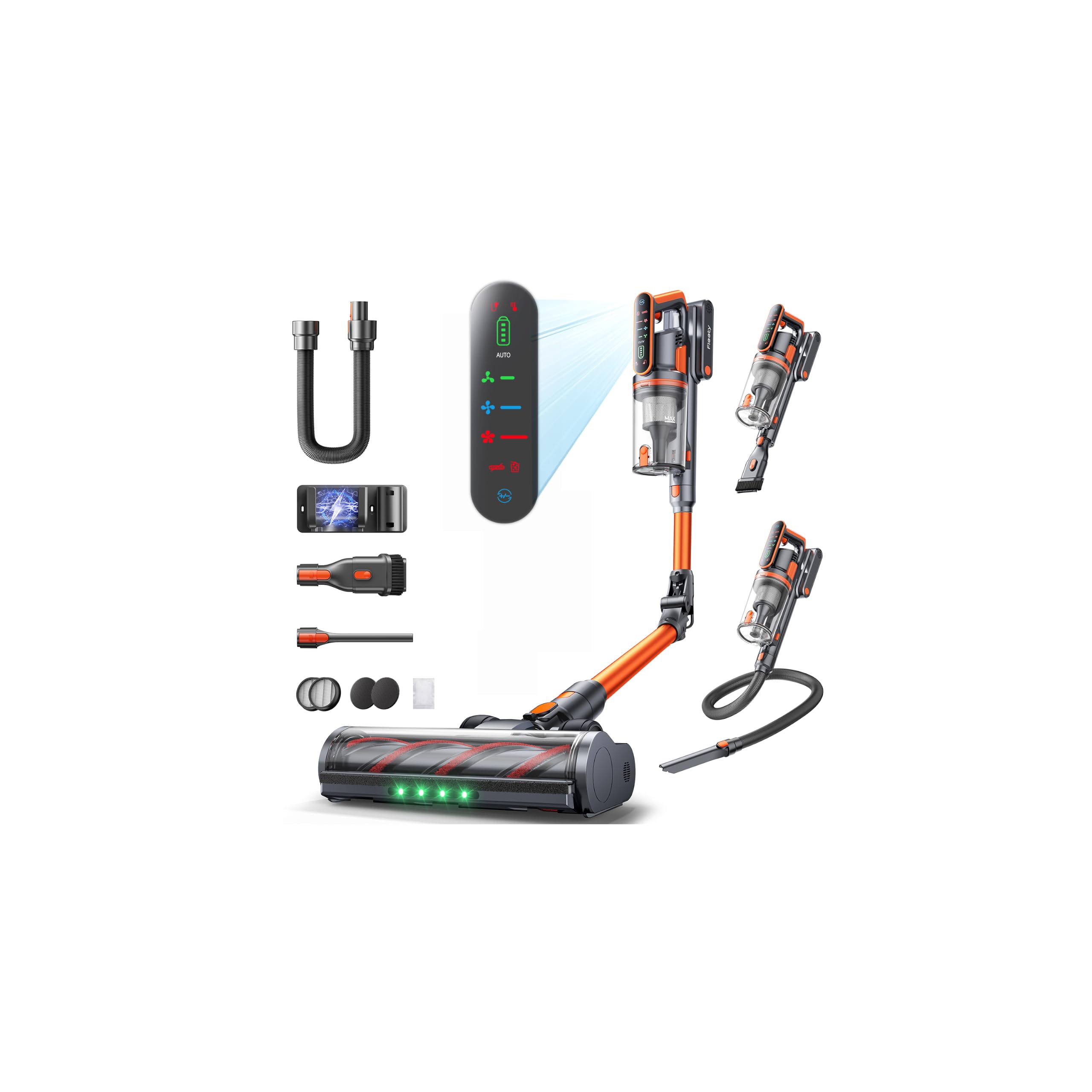 Fieety Aspiradora sin Cable 50KPa/650W/70Min(ECO), Aspiradora Escoba Potente con Brazo Flexible, Manguera 1M, Cepillo Anti-Enredo con Luz, Modo Auto, Aromática, Carga Pared, para Suelos/Alfombras/Pelo