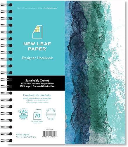 Miniatura 5 de Cuaderno pequeño de diseño encuadernado en espiral, diseño de acuarela, 9.75 x 7.5 pulgadas, 70 hojas, páginas 100% recicladas con rayas